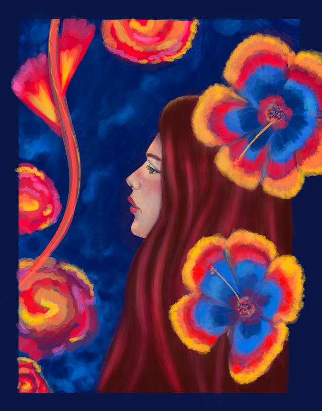 The Earth Is Your Mother — A woman in profile with dark red hair against deep blue, surrounded by oversized red and blue flowers outlined in gold.