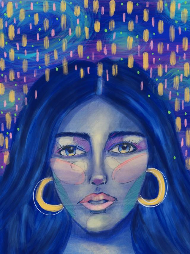 A close portrait of a blue-skinned woman with large gold hoop earrings, against a night-blue ground scattered with falling points of light.
