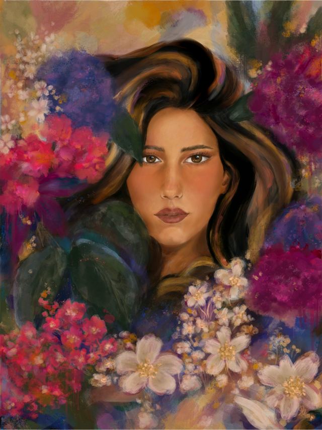 The Woman I'M Meeting — A woman with dark wavy hair looking directly at the viewer, framed by dense painted flowers in plum, rose and cream.