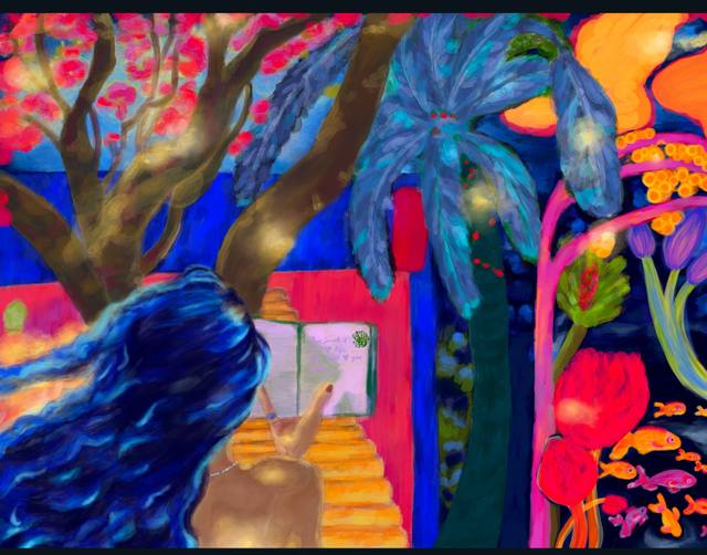 A flat, brightly patterned garden scene in blues, reds and greens, a figure with long dark hair in the foreground looking towards a doorway.