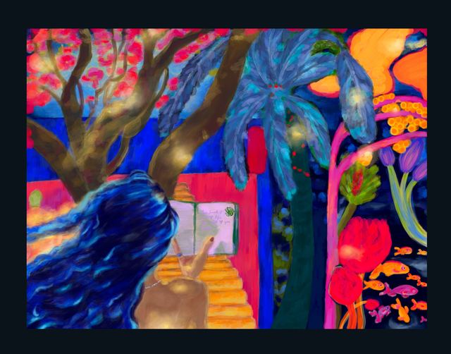 This Summer Is Going To Be Different — A flat, brightly patterned garden scene in blues, reds and greens, a figure with long dark hair in the foreground looking towards a doorway.