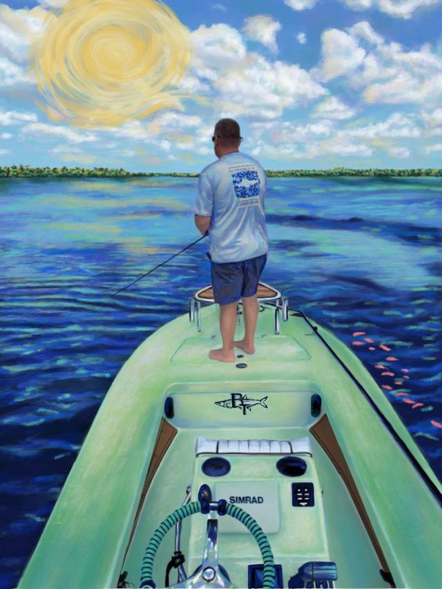 A man fishing from the bow of a pale green flats boat on calm open water, under a bright sky with scattered clouds.