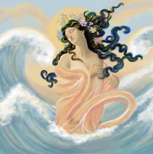 A woman rising from a breaking wave, wrapped in flowing peach fabric, her dark curls threaded with flowers against a pale sky.