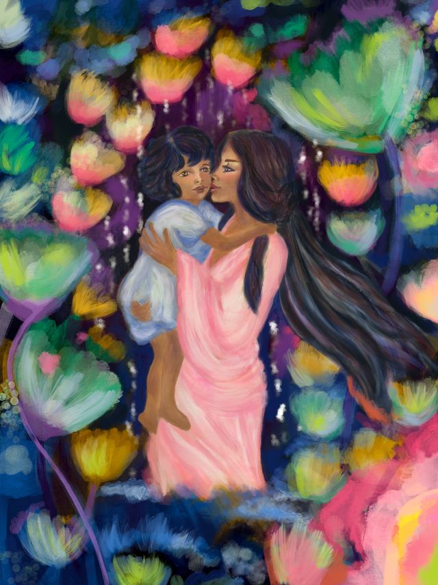 Unbreakable — Two figures embracing among large pale blossoms, painted in soft pinks and greens against a dark ground.