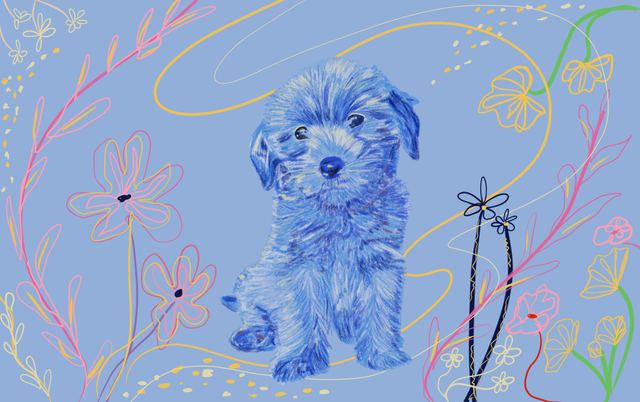 Untitled Artwork 3 — A line-drawn puppy sitting among delicate hand-drawn flowers and stems on a pale lilac ground.
