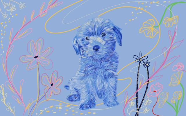 A line-drawn puppy sitting among delicate hand-drawn flowers and stems on a pale lilac ground.