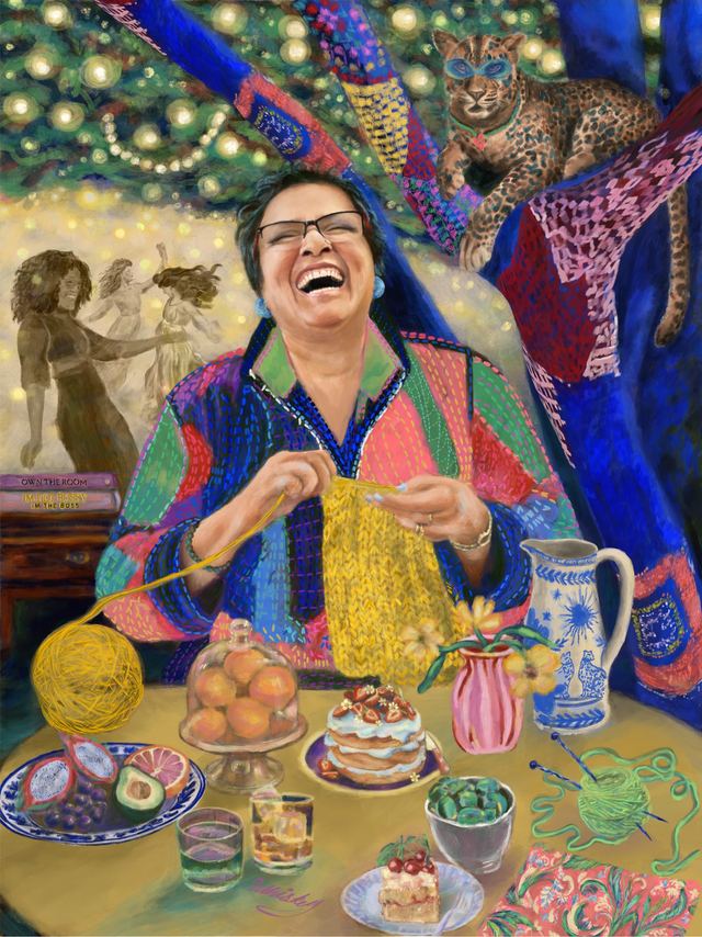 Untitled Artwork — A woman laughing while knitting at a table laden with food and flowers, surrounded by richly patterned fabrics, with a leopard resting on a branch above her.