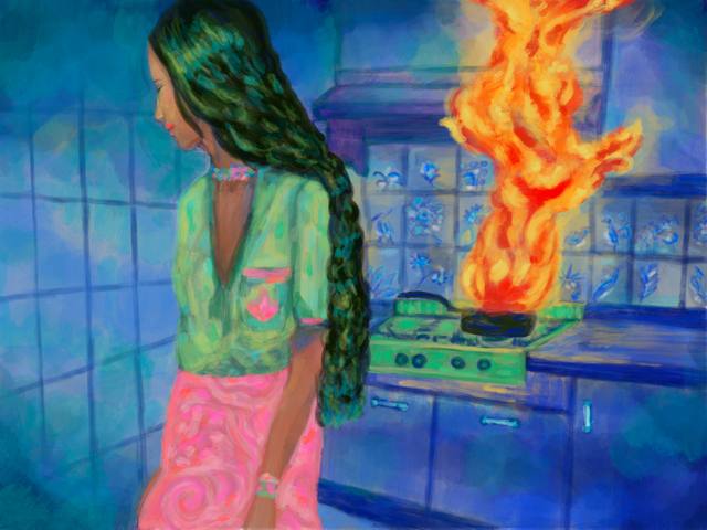 A woman with a long dark braid standing at a stove, a tall flame rising from the pan, in a kitchen of blue tile.