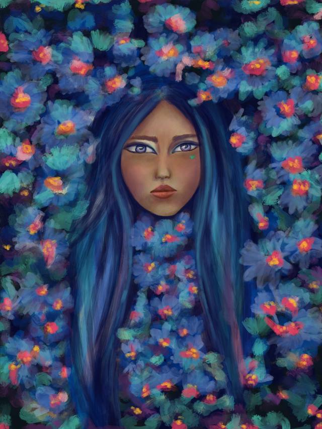 A woman with long blue hair looking out at the viewer, almost entirely surrounded by dense dark blue and rust-coloured flowers.