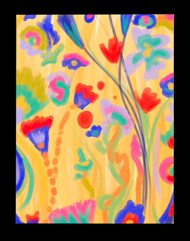 We Turn To Flowers — A flat decorative composition of stems and blooms in coral, blue and green on a warm yellow ground, in a black border.