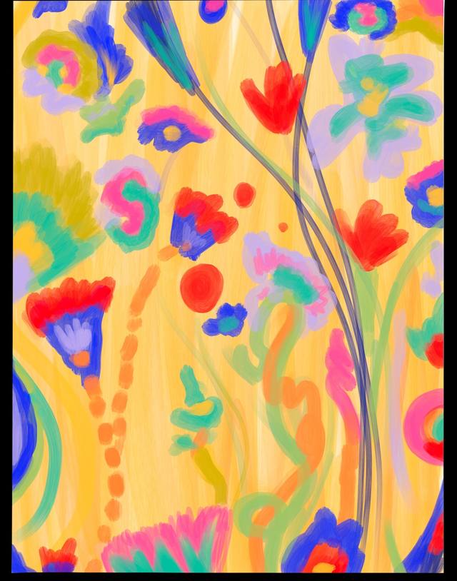 A flat decorative composition of stems and blooms in coral, blue and green on a warm yellow ground, in a black border.