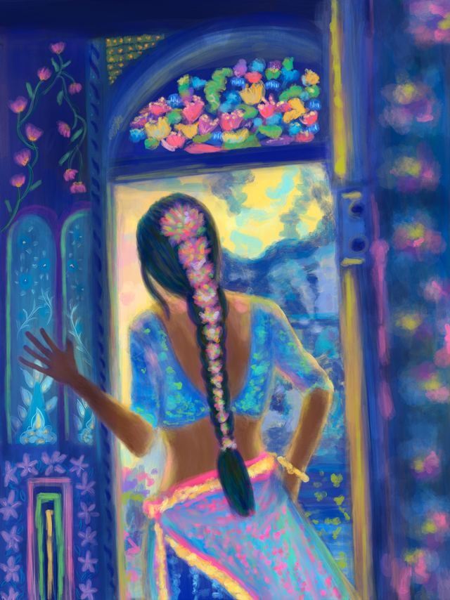 What Did You Wish For — A woman seen from behind with a long braid, one hand raised, standing at an open doorway hung with flowers against a deep blue night.