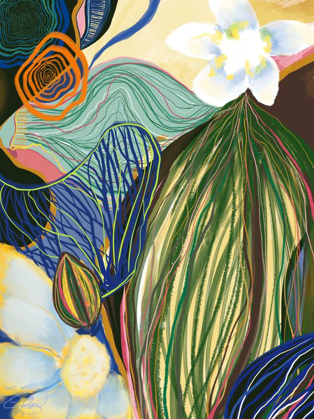 A close, flowing composition of leaves and a single white blossom in greens, gold and deep blue, drawn in fine curving line.