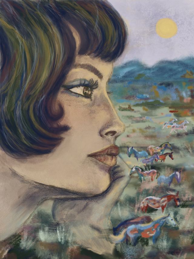 Wild Horses — A woman's face in profile in soft greys, with a herd of small horses running across the lower half of the canvas beneath a pale sun.