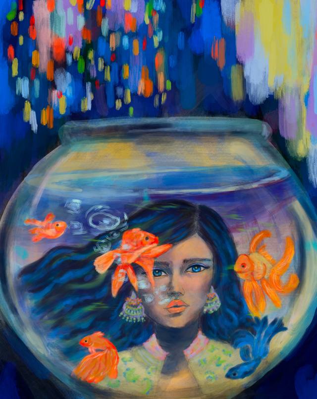 A woman's face seen through a large goldfish bowl, orange fish swimming across her features, against a blue and gold background.